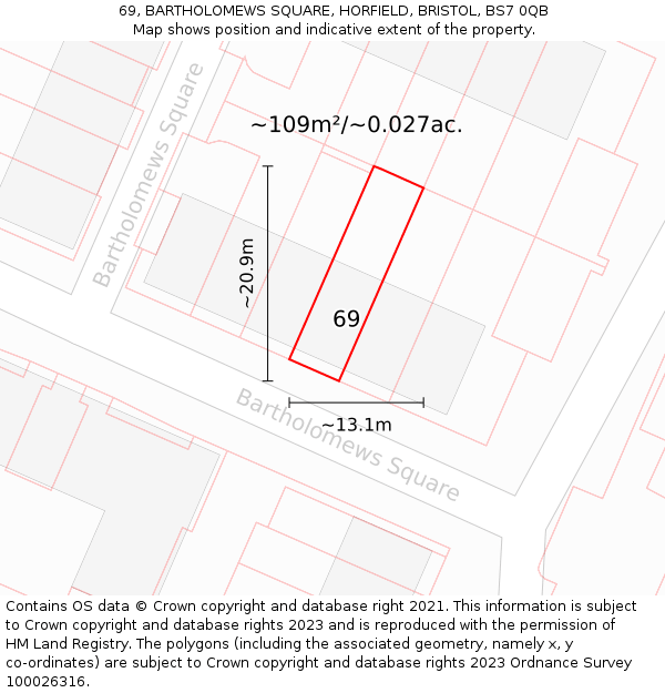 69, BARTHOLOMEWS SQUARE, HORFIELD, BRISTOL, BS7 0QB: Plot and title map