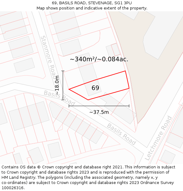 69, BASILS ROAD, STEVENAGE, SG1 3PU: Plot and title map