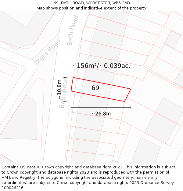 69, BATH ROAD, WORCESTER, WR5 3AB: Plot and title map