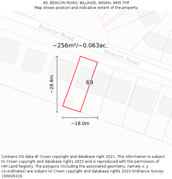 69, BEACON ROAD, BILLINGE, WIGAN, WN5 7HF: Plot and title map
