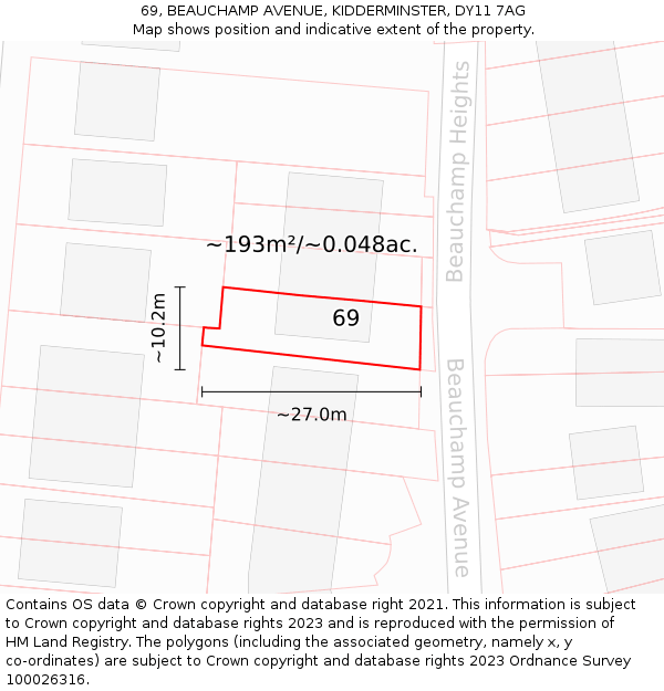69, BEAUCHAMP AVENUE, KIDDERMINSTER, DY11 7AG: Plot and title map