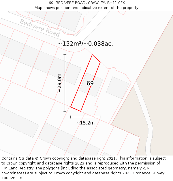 69, BEDIVERE ROAD, CRAWLEY, RH11 0FX: Plot and title map