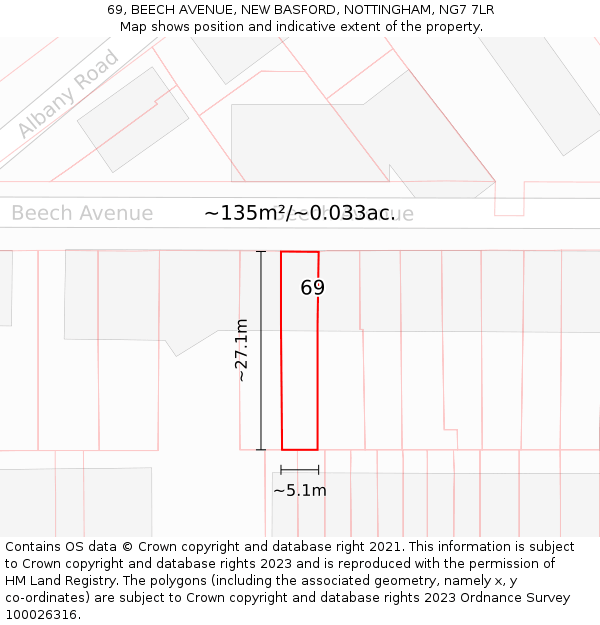 69, BEECH AVENUE, NEW BASFORD, NOTTINGHAM, NG7 7LR: Plot and title map