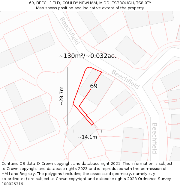 69, BEECHFIELD, COULBY NEWHAM, MIDDLESBROUGH, TS8 0TY: Plot and title map