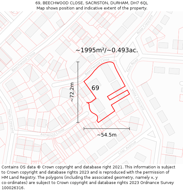 69, BEECHWOOD CLOSE, SACRISTON, DURHAM, DH7 6QL: Plot and title map