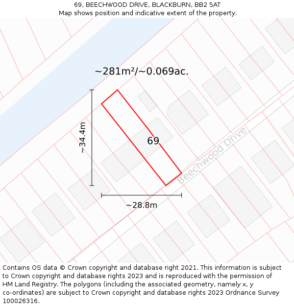 69, BEECHWOOD DRIVE, BLACKBURN, BB2 5AT: Plot and title map