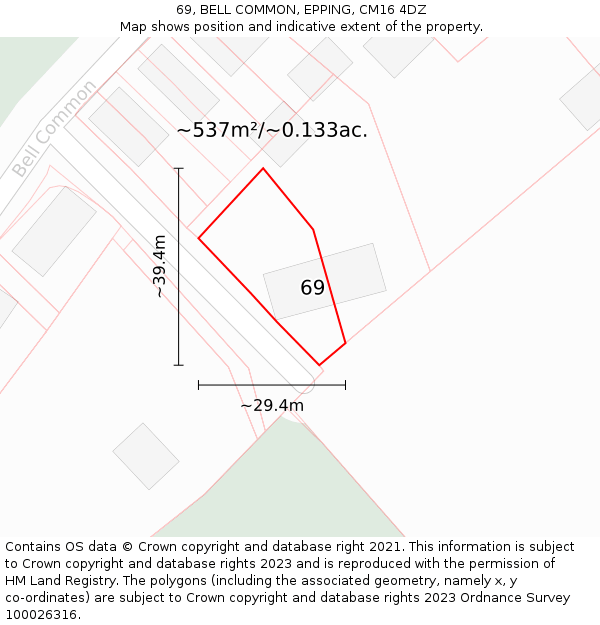 69, BELL COMMON, EPPING, CM16 4DZ: Plot and title map