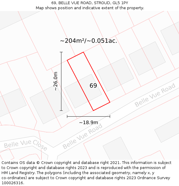 69, BELLE VUE ROAD, STROUD, GL5 1PY: Plot and title map