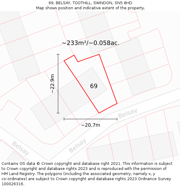 69, BELSAY, TOOTHILL, SWINDON, SN5 8HD: Plot and title map