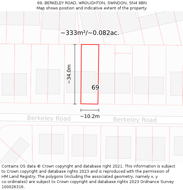 69, BERKELEY ROAD, WROUGHTON, SWINDON, SN4 9BN: Plot and title map