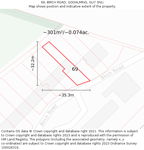 69, BIRCH ROAD, GODALMING, GU7 3NU: Plot and title map