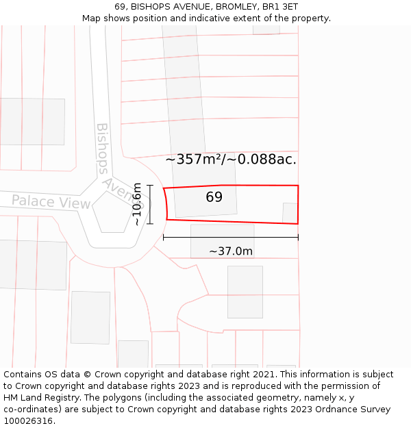 69, BISHOPS AVENUE, BROMLEY, BR1 3ET: Plot and title map