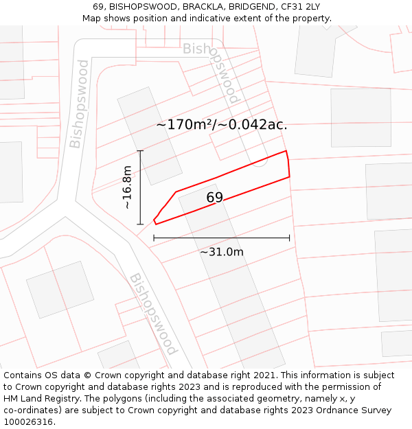 69, BISHOPSWOOD, BRACKLA, BRIDGEND, CF31 2LY: Plot and title map