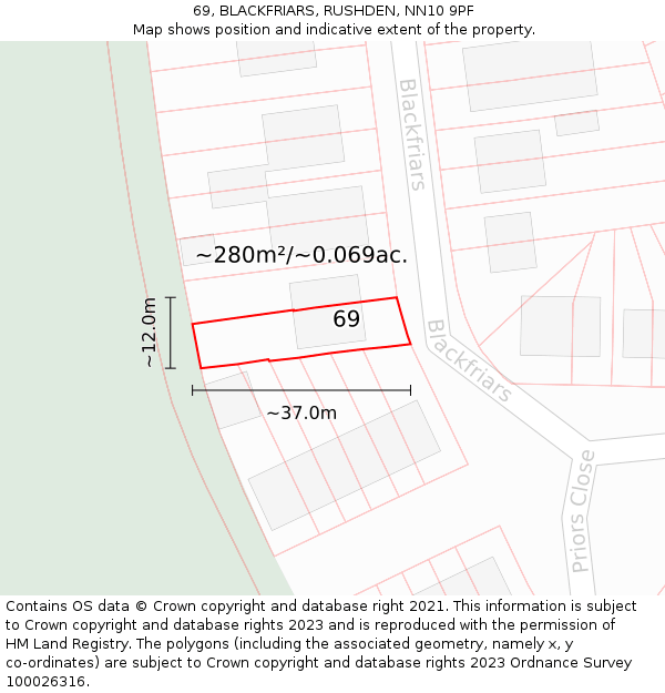 69, BLACKFRIARS, RUSHDEN, NN10 9PF: Plot and title map