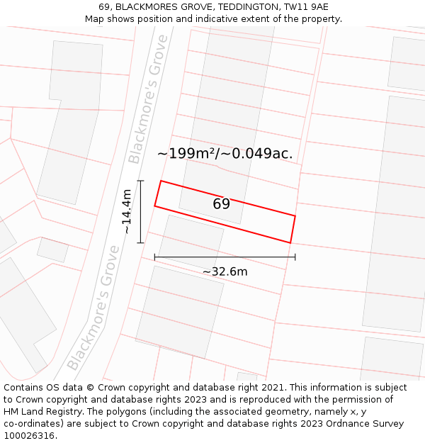 69, BLACKMORES GROVE, TEDDINGTON, TW11 9AE: Plot and title map