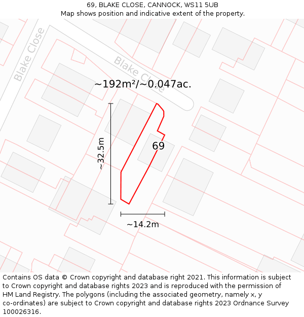 69, BLAKE CLOSE, CANNOCK, WS11 5UB: Plot and title map