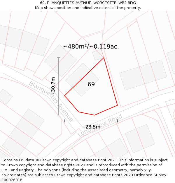 69, BLANQUETTES AVENUE, WORCESTER, WR3 8DG: Plot and title map