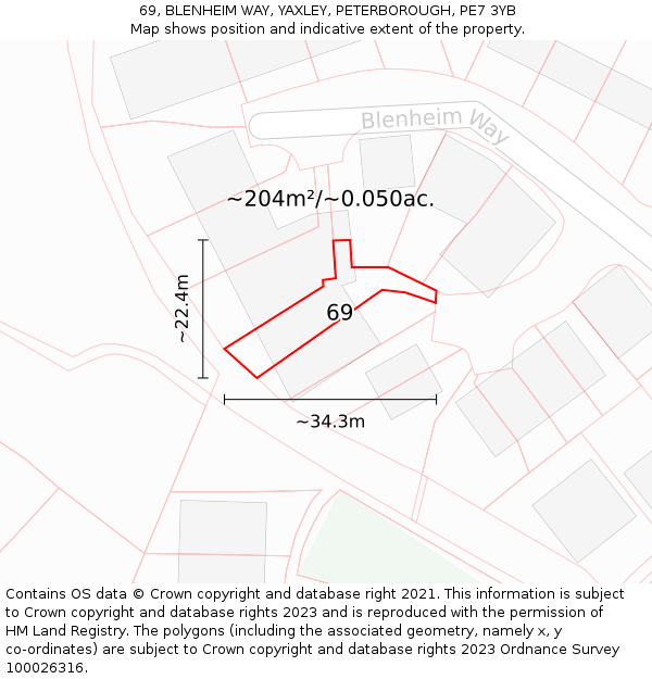 69, BLENHEIM WAY, YAXLEY, PETERBOROUGH, PE7 3YB: Plot and title map