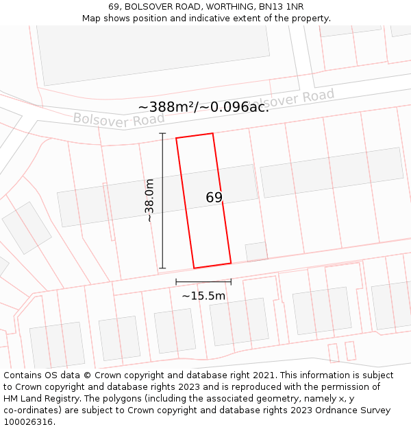 69, BOLSOVER ROAD, WORTHING, BN13 1NR: Plot and title map