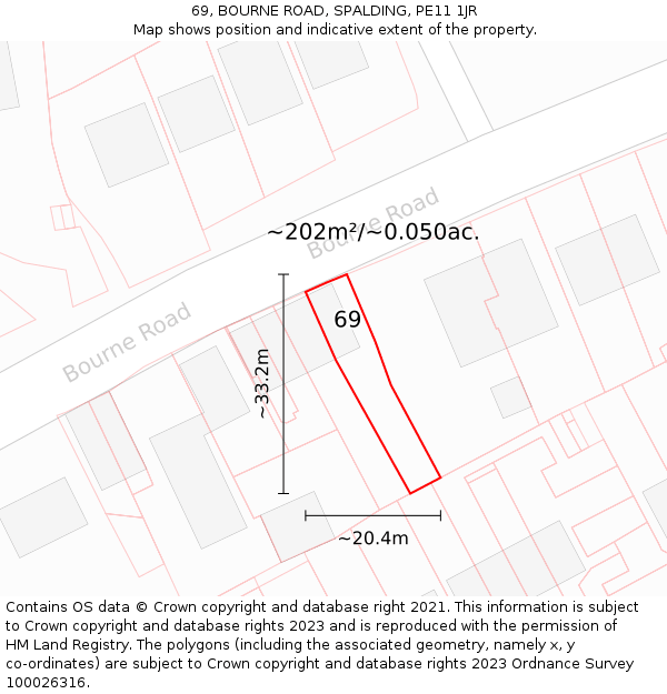 69, BOURNE ROAD, SPALDING, PE11 1JR: Plot and title map