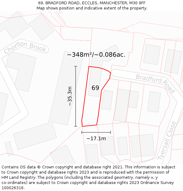 69, BRADFORD ROAD, ECCLES, MANCHESTER, M30 9FF: Plot and title map