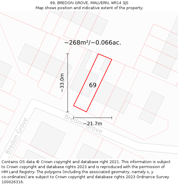 69, BREDON GROVE, MALVERN, WR14 3JS: Plot and title map