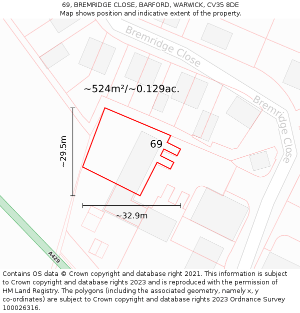 69, BREMRIDGE CLOSE, BARFORD, WARWICK, CV35 8DE: Plot and title map