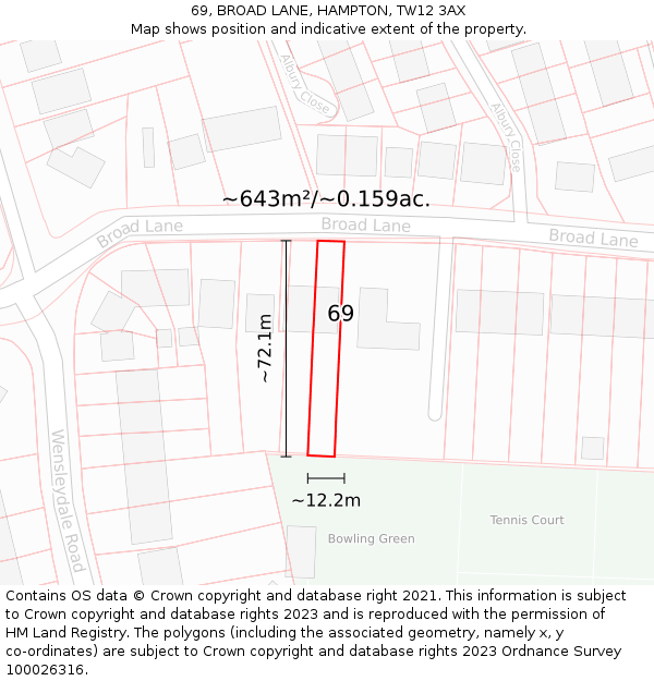 69, BROAD LANE, HAMPTON, TW12 3AX: Plot and title map