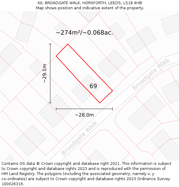 69, BROADGATE WALK, HORSFORTH, LEEDS, LS18 4HB: Plot and title map