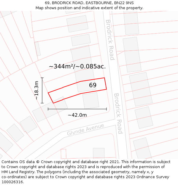 69, BRODRICK ROAD, EASTBOURNE, BN22 9NS: Plot and title map