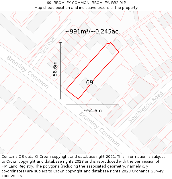 69, BROMLEY COMMON, BROMLEY, BR2 9LP: Plot and title map