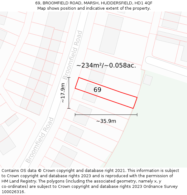 69, BROOMFIELD ROAD, MARSH, HUDDERSFIELD, HD1 4QF: Plot and title map