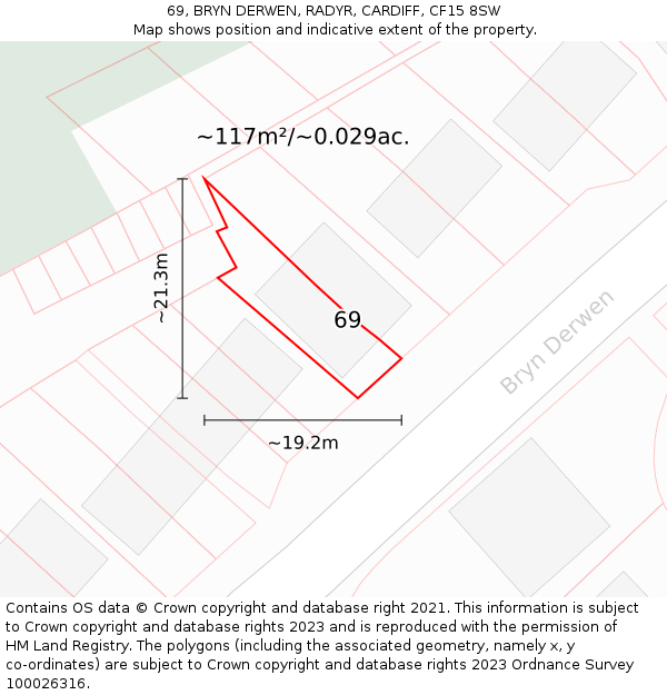 69, BRYN DERWEN, RADYR, CARDIFF, CF15 8SW: Plot and title map