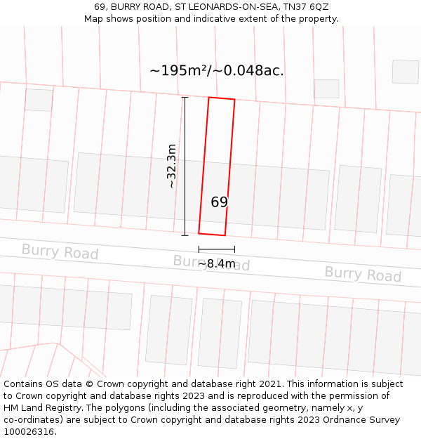 69, BURRY ROAD, ST LEONARDS-ON-SEA, TN37 6QZ: Plot and title map