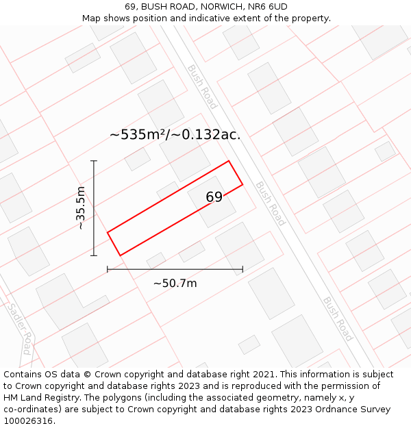 69, BUSH ROAD, NORWICH, NR6 6UD: Plot and title map