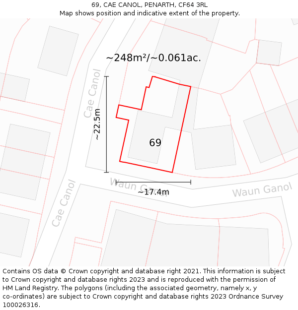 69, CAE CANOL, PENARTH, CF64 3RL: Plot and title map