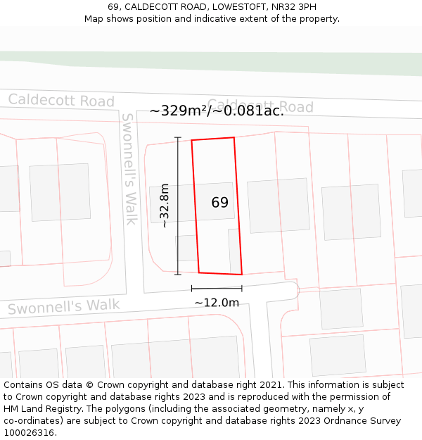 69, CALDECOTT ROAD, LOWESTOFT, NR32 3PH: Plot and title map