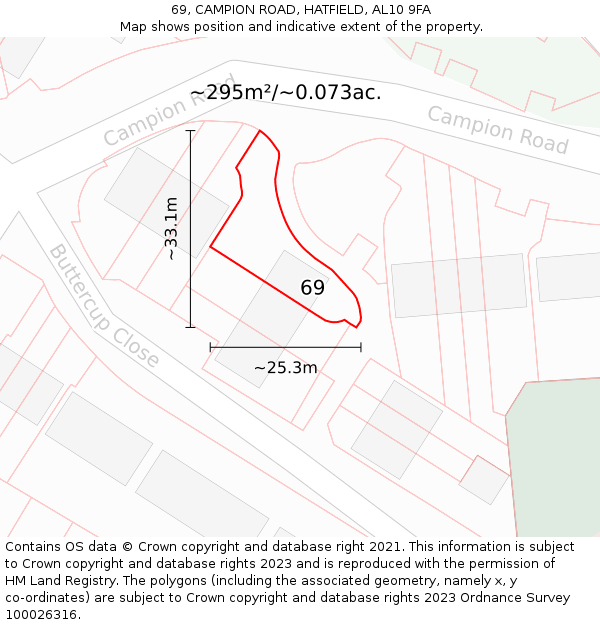 69, CAMPION ROAD, HATFIELD, AL10 9FA: Plot and title map