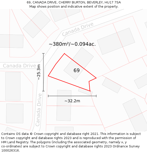 69, CANADA DRIVE, CHERRY BURTON, BEVERLEY, HU17 7SA: Plot and title map