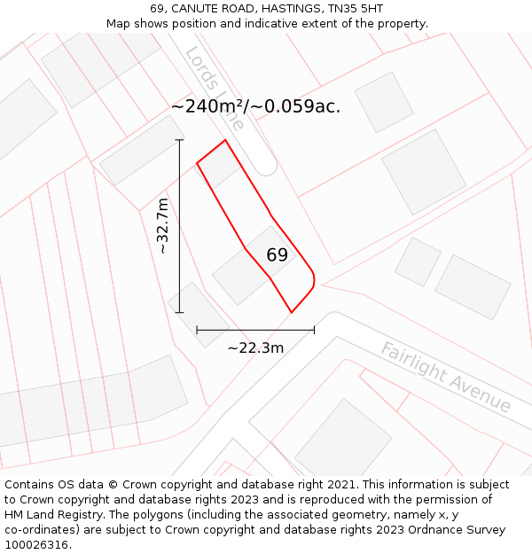 69, CANUTE ROAD, HASTINGS, TN35 5HT: Plot and title map