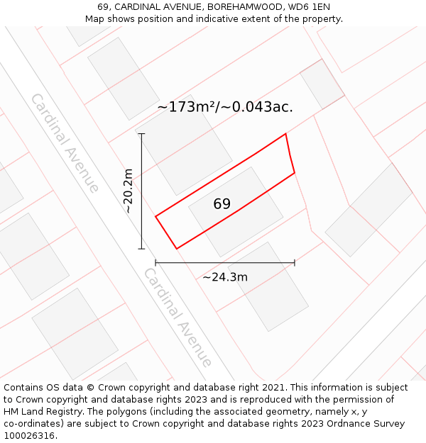 69, CARDINAL AVENUE, BOREHAMWOOD, WD6 1EN: Plot and title map