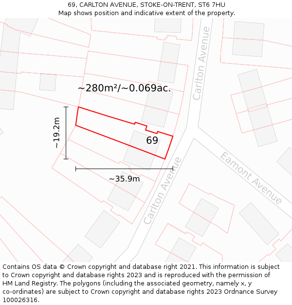69, CARLTON AVENUE, STOKE-ON-TRENT, ST6 7HU: Plot and title map