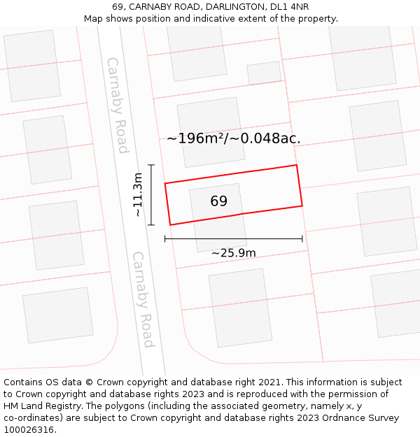 69, CARNABY ROAD, DARLINGTON, DL1 4NR: Plot and title map