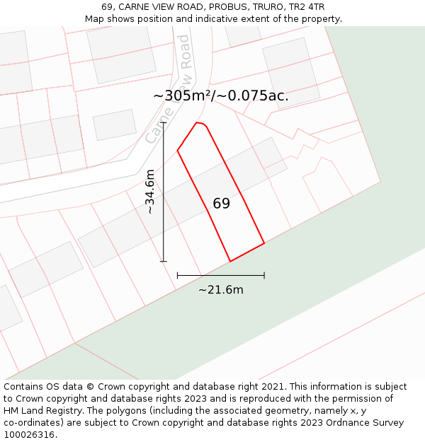 69, CARNE VIEW ROAD, PROBUS, TRURO, TR2 4TR: Plot and title map