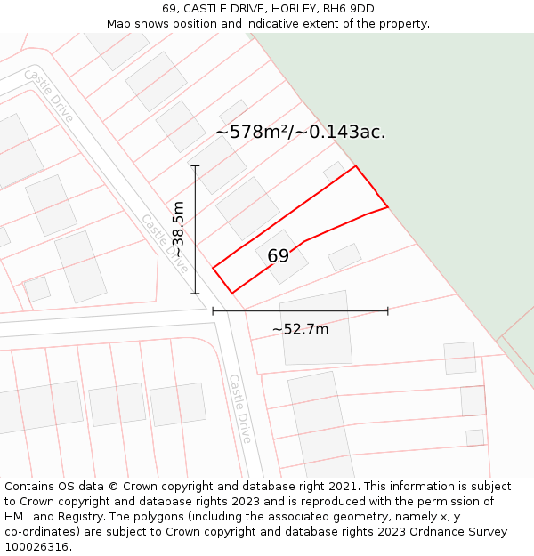 69, CASTLE DRIVE, HORLEY, RH6 9DD: Plot and title map