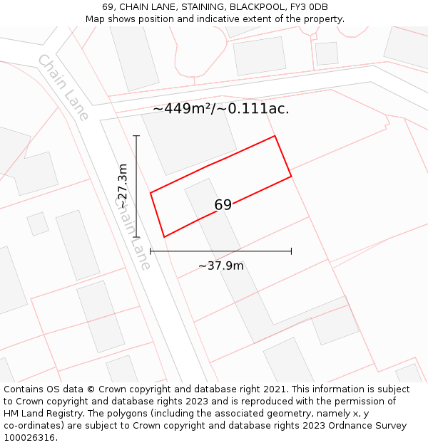 69, CHAIN LANE, STAINING, BLACKPOOL, FY3 0DB: Plot and title map