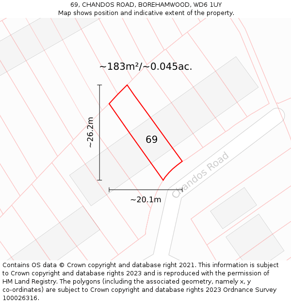 69, CHANDOS ROAD, BOREHAMWOOD, WD6 1UY: Plot and title map