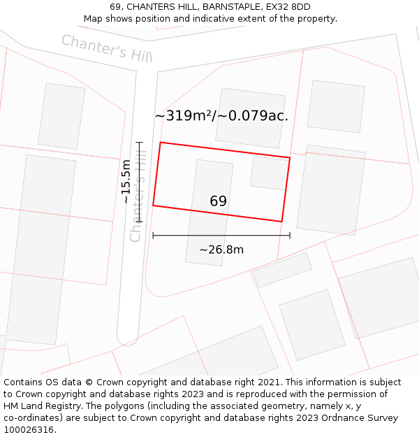 69, CHANTERS HILL, BARNSTAPLE, EX32 8DD: Plot and title map
