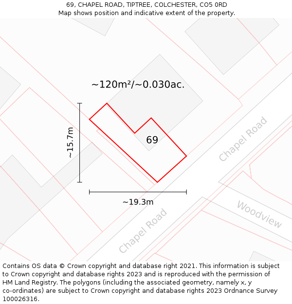 69, CHAPEL ROAD, TIPTREE, COLCHESTER, CO5 0RD: Plot and title map