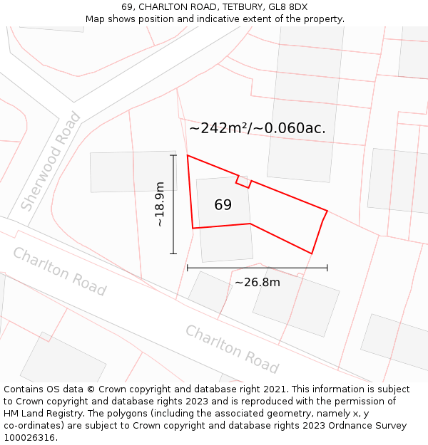 69, CHARLTON ROAD, TETBURY, GL8 8DX: Plot and title map